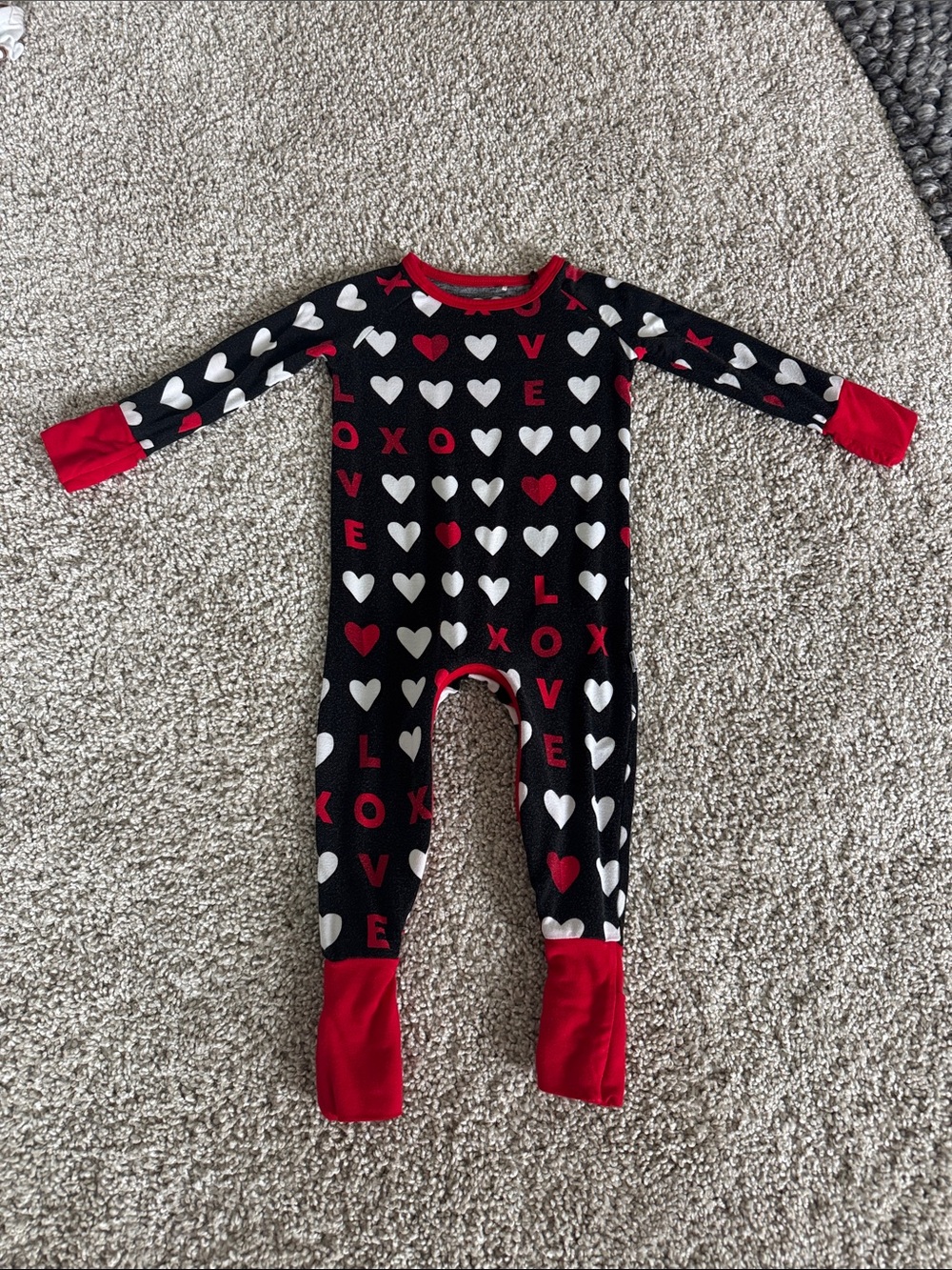 Little Sleepies Black One-Piece Crescent Zippy with Red & White Heart Print XOXO